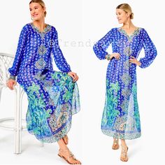 Nwt Lilly Pulitzer Jupiter Silk Maxi Caftan Size S/M Brand New With Tags - 100% Authentic Made From Gauzy Masterpiece Print Silk With Shimmering Metallic Details, The Jupiter Caftan Is The Season's Most Opulent Look. Go From Poolside To Party With Its Easy Fit Silhouette, Notch Neckline, Long Blouson Sleeves, And Breezy Side Slits. Layer Over Your Favorite Swimwear For Daytime Glam, Or Wear With Its Jersey Slip And A Pair Of Sparkling Sandals For Evening Elegance. Easy Fit Ankle Length Caftan Wi Blue Long Sleeve Maxi Dress For Beach, Bohemian Royal Blue Maxi Dress, Bohemian Long Sleeve Royal Blue Dress, Bohemian Royal Blue Long Sleeve Dress, Royal Blue Long Sleeve Bohemian Dress, Blue Floral Print Long Sleeve Kaftan, Blue Long Sleeve Kaftan With Floral Print, Blue Long Sleeve Beach Cover-up Dress, Blue Tunic Dress For Beach Cover-up