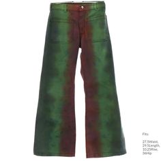 "70s style \"Seafarer\" Unisex shades of green, burgundy, and blue tie dyed cotton polyester blend denim navy issue bellbottom jeans pants with cuffless hem, two front patch pockets, two rear patch pockets (one has button closure). Zip front closure with single snap. Standard size belt loops. 22 inch bells.  (made for a man but cute on a woman too). Made in 90s. Fits: 27.5Waist, 29.5Length, 10.25Rise, 36Hip Our item # 378353" Vintage Green Pants For Fall, Retro Green Pants For Fall, Vintage Green Relaxed Fit Bottoms, Vintage Green Relaxed Fit Pants, Green Vintage Relaxed Fit Bottoms, Green Relaxed Fit Vintage Bottoms, Green Relaxed Fit Vintage Pants, Retro Green Wide Leg Bottoms, 70s Mode