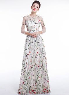 Fitted Long Sleeve Gown With Floral Applique, Long Sleeve Embroidered Gown For Spring, Half Sleeve Embroidered Dress For Spring, Half Sleeve Embroidered Spring Dress, Spring Embroidered Half Sleeve Dresses, Fitted Embroidered Dress With 3/4 Sleeves, Multicolor Party Dress With 3/4 Sleeves, Multicolor 3/4 Sleeve Party Dress, White Floor Length Dress