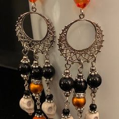 Silver Earrings For Halloween Festival, Bohemian Metal Earrings For Halloween, Bohemian Halloween Jewelry With Round Beads, Handmade Dangle Jewelry For Halloween, Handmade Dangle Halloween Jewelry, Halloween Dangle Pierced Earrings, Silver Jewelry With Round Beads For Halloween, Silver Round Beads Jewelry For Halloween, Halloween Silver Jewelry With Round Beads