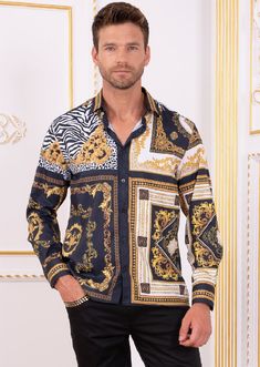 Black gold vintage baroque print detailed silky fabric shirt Never one to shy away from colour and print Crafted from lustrous silky fabric, Mondo's shirt is adorned with an all-over baroque historical motif print for a luxurious appeal Make a statement in this crisp silky cotton button-up designed in a barocco ancestry pattern print distinguish this meticulously crafted silky cotton shirt streamlined with a concealed button placket for a suave finish A vibrant print lights up a silky cotton mar Luxury Printed Silk Tops, Luxury Long Sleeve Tops With Baroque Print, Luxury Silk Top With Graphic Print, Luxury Formal Baroque Print Tops, Gold Long Sleeve Shirt With Graphic Print, Silk Long Sleeve Top With Baroque Print, Designer Patterned Printed Shirt, Designer Formal Tops With Baroque Print, Designer Baroque Print Tops For Formal Occasions