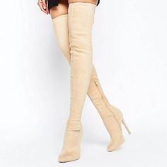 Asos Brand Nude Over The Knee Boots Size 7us Women Stretchy Band Brand New Fitted Beige Boots With Pointed Toe, Beige Fitted Knee-high Heels, Fitted Beige Knee-high Heels, Fitted Beige Suede Boots, Cream Fitted Heels For Fall, Fitted Beige Boots For Fall, Beige Knee-high Heels For Fall, Fitted Beige Ankle-high Boots, Beige Fitted Heeled Boots For Fall