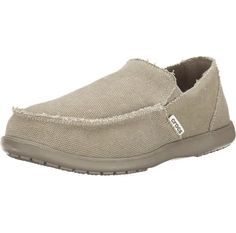 Elevate your casual shoe game with these Crocs Santa Cruz Canvas Slip On Loafers. The khaki beige color and solid pattern make them a versatile addition to any outfit. The round toe and pull-on closure provide comfort and ease while the cotton blend upper material and rubber insole material ensure durability. These slip-on loafers feature minimal cushioning, lightweight design, and breathable fabric. The stretch fabric outsole material provides added comfort and the vegan design makes them perfect for any casual occasion. With a product line of Santa Cruz, you can be sure of the quality and style of these shoes. Beige Slip-ons With Rubber Sole And Round Toe, Beige Slip-ons With Rubber Sole, Casual Slip-resistant Plain Toe Loafers, Casual Slip-ons With Textured Sole And Plain Toe, Comfortable Beige Slip-ons With Stitched Sole, Casual Beige Loafers With Textured Sole, Beige Slip-on Casual Loafers, Casual Slip-resistant Closed Toe Loafers, Casual Beige Slip-on Loafers