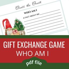 Gift Exchange Game Who Am I a.k.a. Guess the Guest. Printable pdf file. A gnome next to a little tree and wrapped presents. Christmas Party Ideas For Work, Gift Exchange Game, Christmas Gift Exchange Games, Christmas Games For Adults, Gift Exchange Games, Adult Christmas Party, Christmas Party Ideas, Christmas Gift Exchange, White Elephant Gifts Exchange