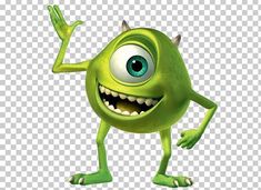 a cartoon green monster with big eyes and large teeth, waving his hands in the air