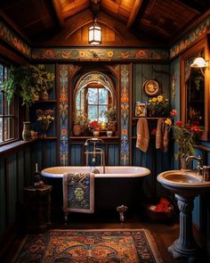 a bathroom with a claw foot tub, sink and mirror above it is decorated in wood paneling