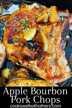 close up pork chop topped with apples and sauce Bourbon Apple Pork Chops, Apple Pork Chops Skillet, Apple Glaze For Pork Chops, Grilled Pork Chops And Apples, Grilled Pork Chops With Apples, Grilled Apple Pork Chops, Bourbon Glazed Pork Chops, Apple Side Dish For Pork, Pork Chop Apple Recipes