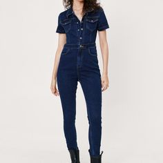 Nwt Nastygal Short Sleeve Fitted Denim Boilersuit In Mid Blue Fitted Denim Jumpsuit With Pockets And Short Sleeves, Medium Wash Fitted Denim Jumpsuit With Short Sleeves, Casual Fitted High Rise Bodysuit, Casual High-rise Fitted Bodysuit, Casual Fitted High-rise Bodysuit, Fitted Medium Wash Jumpsuits And Rompers With Short Sleeves, Fitted Medium Wash Denim Jumpsuit For Work, Fitted Short Sleeve Overalls For Workwear, Medium Wash Fitted Overall Jumpsuit