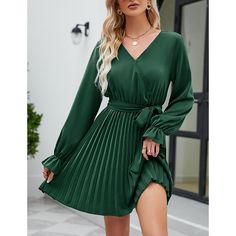 Dark Green V Neck Long Sleeve Pleated Mini Dress with Belt Pleated V-neck Mini Dress For Fall, Fall V-neck Pleated Mini Dress, Fall Pleated V-neck Mini Dress, Spring Pleated Long Sleeve Dress, Green Pleated Mini Dress For Brunch, Pleated Long Sleeve Midi Dress For Day Out, Fall Pleated Mini Dress For Brunch, Fall Day Out Pleated Dress, Green Pleated Mini Dress For Date Night