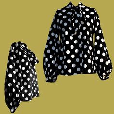 Mod Retro 60s-Style Bishop Sleeve Button Up  Polka Dot Tie Blouse  * size small excellent condition Retro Black Button-up Blouse, Retro Fitted Polka Dot Blouse, Vintage Polka Dot Blouse For Work, Vintage Polka Dot Blouse For Workwear, Classic Fitted Polka Dot Blouse, Chic Polka Dot Blouse With Buttons, Elegant Polka Dot Top With Buttons, Elegant Polka Dot Blouse With Buttons, Vintage Tailored Polka Dot Blouse