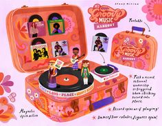 an old fashion record player and suitcase with pictures on the lid, in pink background