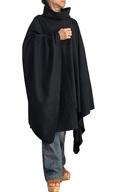 ChomThong Hand Woven Cotton Double Poncho (DNN-031-01) Black Long Sleeve Cotton Poncho, Oversized Solid Color Cape, Black One Size Long Sleeve Cape, Casual Black Cape Poncho, Casual Black Poncho Cape, Casual Black Cape-style Poncho, Ladies Poncho, Pet Stains, Woven Cotton