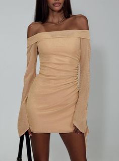 Villar Off The Shoulder Mini Dress Gold Going Out Dresses Classy, Aesthetic Lookbook, Off The Shoulder Mini Dress, Vegas Dresses, Eve Dresses, New Years Eve Dresses, Fleece Dress, Disco Outfit, Sparkle Dress