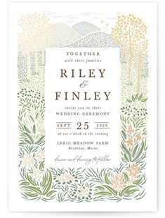 a wedding card with an illustration of trees and flowers on the front, in white