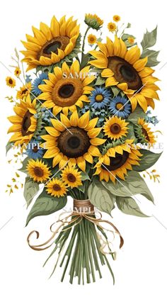 a bouquet of sunflowers with blue and yellow flowers