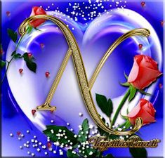 the letter v is surrounded by roses and hearts in front of a blue background with sparkles