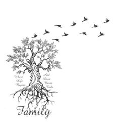 a family tree with birds flying around it