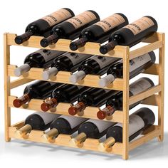 a wooden wine rack filled with lots of bottles