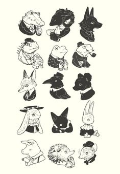 several different types of animal heads in black and white