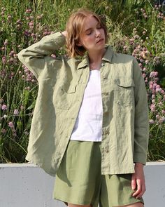 Oversized linen shirt SUMBA in Sage - MagicLinen Thrift Ideas, Oversized Linen Shirt, Casually Elegant, Casual Elegance, Linen Shirt, Oversized Fits, Workout Shirts, Patch Pocket, Shirt Style