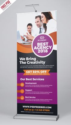 a roll up banner with the words best agency on it and an image of two people in