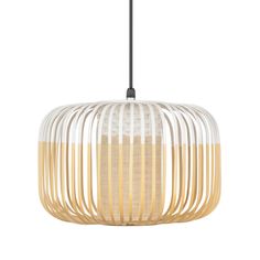 a wooden light fixture with white and beige stripes on the bottom, hanging from a black cord