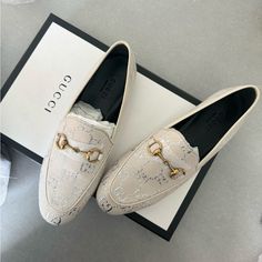 Brand New Gucci Jordaan Loafers In Light Beige And Silver. Gold Hardware. Comes With Original Box And Dust Bags. 100% Authentic White Leather Gucci Loafers, Elegant Gucci Loafers With Flat Heel, Luxury White Formal Flats, Luxury Silver Loafers With Round Toe, Designer White Flat Loafers, White Luxury Flat Loafers, Luxury White Flat Loafers, Elegant Flat Heel Loafers For Wedding, Elegant Wedding Loafers With Flat Heel