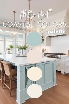 an image of a kitchen with blue and white colors on the counter top, and text overlay that reads millie hart coastal colors palette