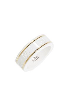 The emblematic double-G motif is embossed in this opulent white zirconia ring that's enriched by 18-karat gold trim for a subtle contrast. Style Name:Gucci Icon White Zirconia & 18K Gold Ring. Style Number: 6134008. Available in stores. Hermes Ring, Icon White, Ideal Closet, Gucci Rings, Zirconia Rings, Cowgirl Jewelry, 18k Gold Ring, Gold Rush, Ring Style