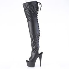 7" High Heel, 2 3/4" Platform Lace Up Back Thigh High Boots. Open Toe And Back. Full-Length Inner Side Zipper Closure. Stretch Faux Leather. Styles: Party Dance Clubbing Stripper Festival Drag Dragqueen Roda-3017