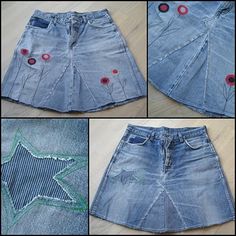 four pictures show different ways to sew a jean skirt with red buttons on it