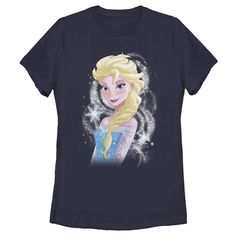 a women's blue t - shirt with a frozen princess image on the front