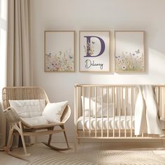 a baby's room with a rocking chair, crib and pictures on the wall