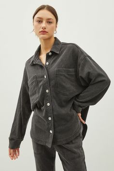 Ultra soft, denim look shacket with oversized cut, chest pockets, and a rounded hemline. 85% COTTON 15% POLY Crop Top Sweater, Leather Vest, Floral Dress Summer, Mid Rise Jeans, Staple Pieces, Denim Shirt, Denim Wash, Long Tops, Stretchy Material