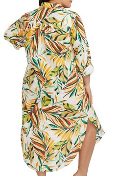 A tropical print puts you in a vacation state of mind in this breathable cotton cover-up dress finished with neat pintucks and a curved hem. Spread collar Long sleeves with roll-tab cuffs 100% cotton Hand wash, line dry Imported Summer Beach Printed Shirt Dress, Printed Shirt Dress For Vacation, Multicolor Summer Dresses With Palm Tree Print, Tropical Printed Dresses, Summer Shirt Dress For Beach Cover-up In Spring, Multicolor Summer Shirt Dress For Beach, Casual Tropical Print Dresses For Beach Season, Summer Day Out Printed Shirt Dress, Multicolor Printed Shirt Dress For Vacation