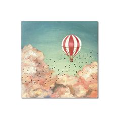 a painting of a hot air balloon in the sky with birds flying around it,