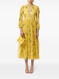 Carolina Herrera floral-print Chiffon Midi Dress - Farfetch Long Sleeve Chiffon Dress, Whimsical Dress, Print Chiffon Dress, Yellow Midi Dress, Yellow Silk, Floral Print Chiffon, Chiffon Midi Dress, City Dress, Tiered Midi Dress