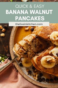 chocolate chip banana pancakes in a bowl with nuts on the side and text overlay that reads, chocolate chip banana pancakes