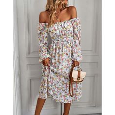 Apricot Square Neck Back Pleated Chiffon Floral Dress Spring Chiffon Brunch Dress, Off-shoulder Chiffon Dress For Spring, Chiffon Floral Dress, Exaggerated Sleeves, Floral Chiffon Dress, Chiffon Floral, Pleated Chiffon, Long Sleeve Midi, U Neck