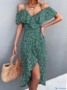 Orcajump - Floral Off-Shoulder Maxi Dress with Asymmetric Hemline Irregular Skirt, Waist Circumference, Types Of Skirts, Types Of Collars, Off Shoulder, Types Of Sleeves, Short Sleeves, Maxi Dress, Sleeve Length