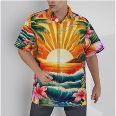 Step into paradise with our vibrant Tropical Sunset Hawaiian Shirt! This stunning shirt features a captivating tropical sunset with palm trees, hibiscus flowers, and an ocean wave design, seamlessly blended with patriotic American flag elements. The ideal choice for beach parties, summer vacations, or casual everyday wear, this shirt will make you stand out with its bold and colorful design. Features: Fabric: Made from a comfortable four-way stretch fabric (95% polyester and 5% spandex) for ulti Hawaiian Printed Relaxed Fit Shirt, Vacation Hawaiian Shirt With Relaxed Fit, Tropical Vacation Shirt With Camp Collar, Tropical Shirt With Camp Collar For Vacation, Tropical Camp Collar Shirt For Vacation, Hawaiian Relaxed Fit Shirt For Vacation, Relaxed Fit Hawaiian Shirt For Vacation, Hawaiian Printed Shirt For Vacation, Summer Shirt With Tropical Print For Beach Season