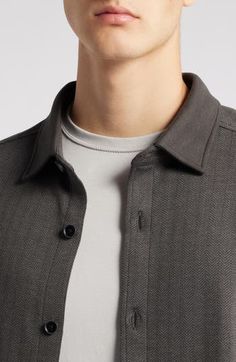 A cotton-blend double knit adds warmth and heft to this overshirt with a muted herringbone pattern that adds a refined touch to your layered look. Front button closure Spread collar Long sleeves 90% cotton, 10% polyester Machine wash, tumble dry Imported Collared Shirt For Layering In Fall, Casual Wool Tops With Lapel Collar, Modern Wool Tops For Fall, Modern Fall Tops With Placket, Classic Gray Tops For Work, Classic Fall Tops With Placket, Classic Gray Tops With Ribbed Collar, Classic Winter Shirt For Everyday, Casual Long Sleeve Herringbone Outerwear