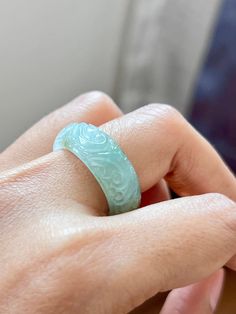 This listing is for a rare, icy light green, floral carved jade thumb ring. It is made of natural, type A jadeite.  --DETAILS-- Grade: Natural, untreated, type A Jade type: Jadeite Color: Green (light) Degree of translucency: HIGH-MED Jadeite stone condition: No cracks or other imperfections Jade ring size: US 9.25 Item SKU: BGT-0108 --SHIPPING INFORMATION-- Once your item has prepared for shipment and ships, you will receive a Shipment Notification email with carrier and tracking information.  --COLOR & SHADE-- We do our best to present our items as accurately as possible. The color of the items can be slightly different because of the different viewing devices used. If in any doubt, kindly message us for more information, photos and/or videos.  --AVAILABILITY-- It can happen that the pie Carved Jade Rings For A Gift, Carved Jade Rings As A Gift, Green Carved Jade Rings, Carved Green Jade Rings, Carved Jade Ring Jewelry, Green Carved Rings For Anniversary, Carved Stone Jewelry, Carved Ring, Carved Jade