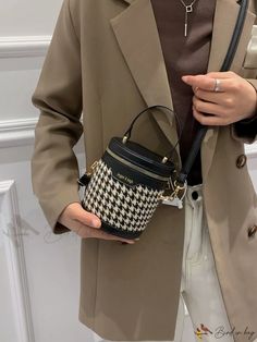 Bird in Bag - Black Elegant Houndstooth Bucket Bag with Top Handle Trendy Fall Office Bucket Bag, Black Houndstooth Shoulder Bag For Travel, Chic Houndstooth Shoulder Bag For Daily Use, Trendy Houndstooth Shoulder Bag, Chic Fall Bag With Houndstooth Pattern, Black Houndstooth Pattern Bag, Trendy Houndstooth Pattern Bags For Fall, Chic Houndstooth Bag For Fall, Chic Houndstooth Shoulder Bag