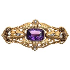 Finely chiselled Art Nouveau 18K gold brooch with a rectangular faceted amethyst. Finely modelled roses, leaves and foliage. Six diamonds are mounted in platinum. Luxury Art Nouveau Cabochon Brooch, Luxury Art Nouveau Filigree Brooches, Luxury Art Nouveau Hallmarked Brooch, Luxury Gold Art Nouveau Brooches, Luxury Collectible Art Nouveau Brooch, Diamond Flower Brooch, Brooch Art, Gold Roses, Art Deco Brooch