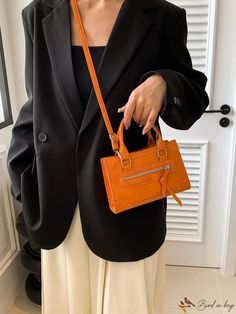 BirdinBag - Fashionable Double Handle Square Bag with Front Zipper Decoration in Solid Color Casual Rectangular Box Bag With Zipper Closure, Casual Orange Bag With Zipper Closure, Casual Shoulder Box Bag With Zipper, Casual Shoulder Box Bag With Zipper Closure, Casual Handheld Satchel With Zipper, Casual Handheld Satchel With Zipper Closure, Trendy Rectangular Box Bag With Zipper, Trendy Rectangular Box Bag With Zipper Closure, Orange Bags With Zipper Closure For Daily Use