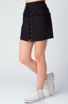 Final Sale - Get it before it's gone! The Sawyer Black Suede Mini Skirt is begging to be taken out on the town! Soft (and stretchy!) vegan suede covers this mini skirt in a classic A line silhouette. Lace up front and patch pockets. DETAILS & CARE Polyester/Rayon. Machine wash cold. Imported. Cute Black Skirt, Faux Suede Skirt, Boho Pink, Honey Punch, Coverup Skirt, Suede Mini Skirt, Boho Skirts, Suede Skirt, Skirt With Pockets