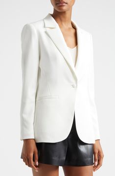 Expert shaping defines this perfectly fitted one-button blazer that shows strong out-of-office potential. 27" length One-button closure Notched lapels Front welt pockets Lined 62% recycled polyester, 36% polyester, 2% elastane Dry clean Imported Elegant Fitted Blazer With Double Button Closure, Semi-formal Structured Blazer With Hidden Button Closure, Timeless Business Casual Blazer With Button Closure, Elegant Business Casual Blazer With Button Closure, Tuxedo-style Structured Blazer With Double Buttons, Tuxedo Style Structured Blazer With Double Button, Tuxedo Style Structured Blazer With Double Button Closure, Timeless Blazer With Button Closure, Elegant Single Button Office Blazer