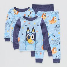 This 4-piece Bluey pajama set for toddler boys is designed for ultimate comfort and playful adventures. Made from soft, cotton, it features delightful character graphics that will ignite your child's imagination. The top has long sleeves and a crew neck, while the pants have a full elastic waistband. Perfect for sleep or play.# Pieces In Set: 41st Piece Description: Top1st Piece Fabric: Knit1st Piece Fiber Content: 100% Cotton1st Piece Care: Machine Wash, Tumble Dry2nd Piece Description: Pants2n Blue Cartoon Print Sleep Sets, Paw Patrol Pajamas, Kids Pajamas Boys, Toddler Pajamas Boy, Baby Boy Pajamas, Boy Toddler, Toddler Pajamas, Toddler Stuff, Pregnancy Information