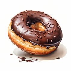 a donut with chocolate icing and sprinkles on it's side